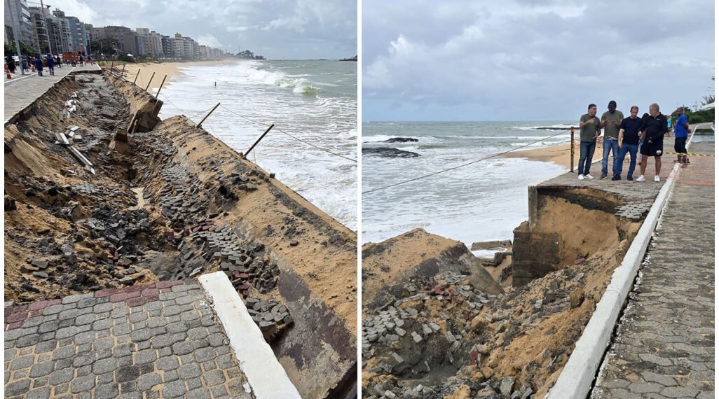 Ressaca destrói parte do calçadão da Praia Campista, em Macaé; área é isolada para obras