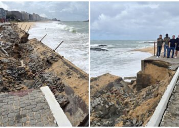 Ressaca destrói parte do calçadão da Praia Campista, em Macaé; área é isolada para obras