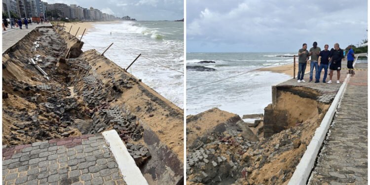 Ressaca destrói parte do calçadão da Praia Campista, em Macaé; área é isolada para obras