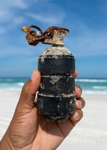 Granada com pino é encontrada na areia da praia em Arraial do Cabo; autoridades são acionadas