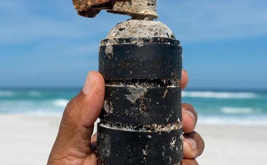 Granada com pino é encontrada na areia da praia em Arraial do Cabo; autoridades são acionadas