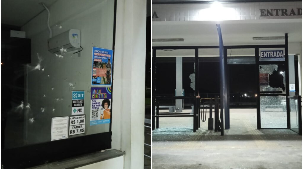 Vandalismo no terminal de ônibus em Macaé; imagens levantam suspeita de disparos ou pedradas