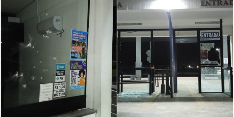 Vandalismo no terminal de ônibus em Macaé; imagens levantam suspeita de disparos ou pedradas