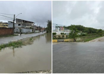 Chuva expõe diferença de nível em rua às margens do Valão de Medeiros, em Rio das Ostras