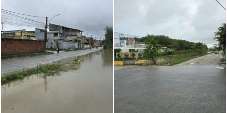 Chuva expõe diferença de nível em rua às margens do Valão de Medeiros, em Rio das Ostras