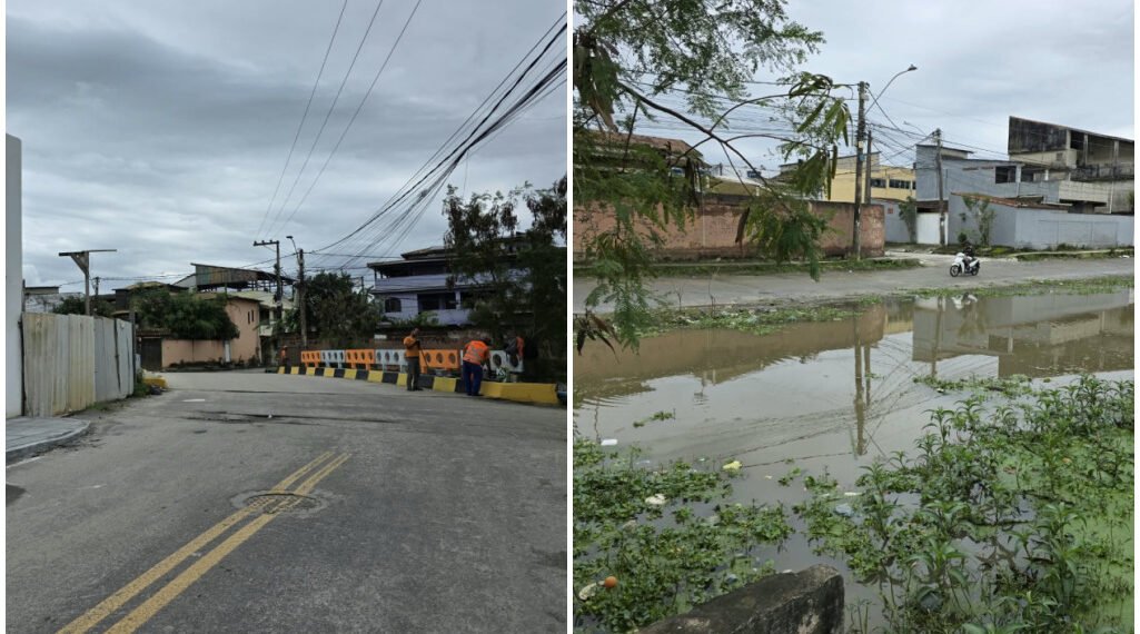Entorno do Sesc/Senac recebe manutenção em Rio das Ostras; água do valão segue transbordando em trecho rebaixado