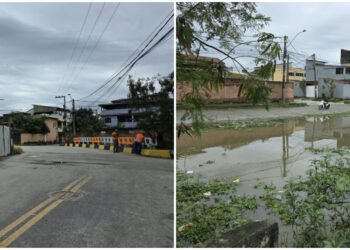 Entorno do Sesc/Senac recebe manutenção em Rio das Ostras; água do valão segue transbordando em trecho rebaixado