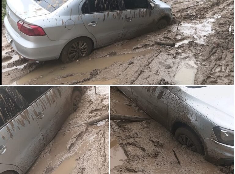 Carro atola em rua de terra e expõe problemas de infraestrutura em Rio das Ostras