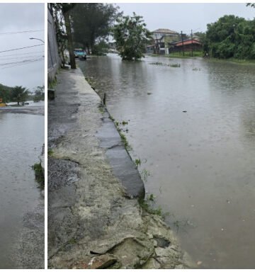 Ruas alagadas, rios e valão de Medeiros transbordados em Rio das Ostras; Defesa Civil emite alerta