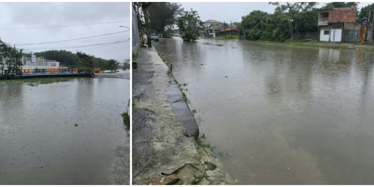 Ruas alagadas, rios e valão de Medeiros transbordados em Rio das Ostras; Defesa Civil emite alerta